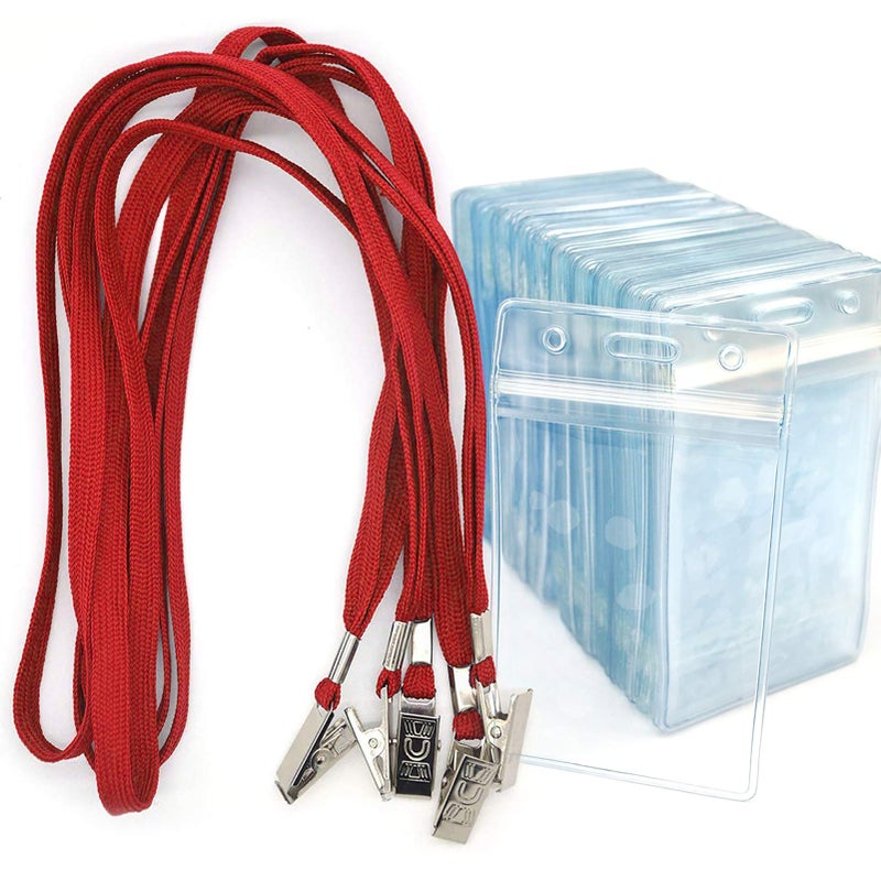 Bird Fiy Lanyards with Id Holder Badges Name Tags 50 Pack Lanyards with Bulldog Clip and 50 Pack Waterproof Clear Plastic Vertical Name Tag Badge ID Card Holders (Red) - Image 1